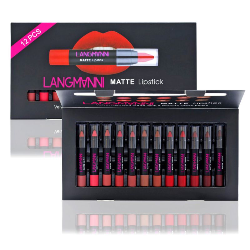 langmanni 12Pcs Matte Lipstick Kits Lips Makeup Waterproof Nutritious Velvet Lip Stick Tint Nude Make Up Set